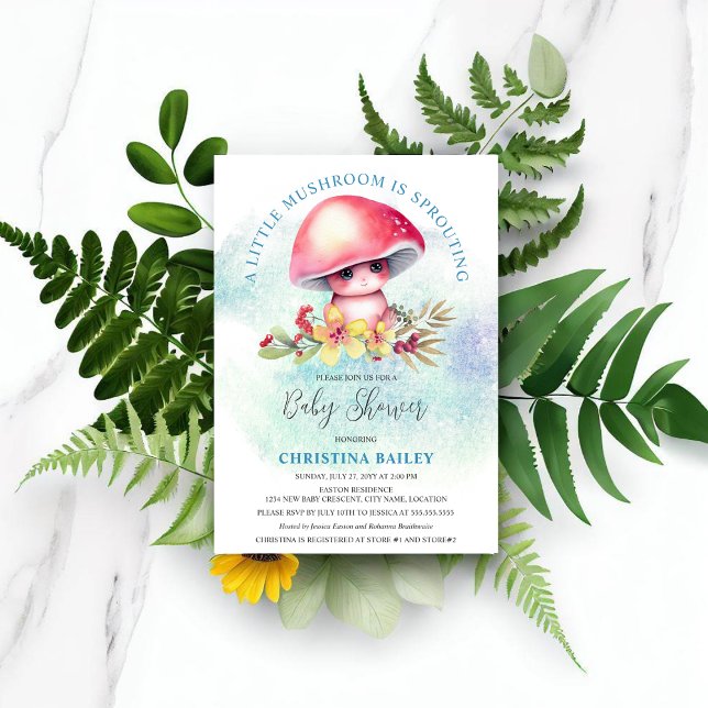 Invitation Un Petit Champagne Est En Train De Produire Du Bab (Cute little watercolor mushroom sprouting baby boy shower invitation.)