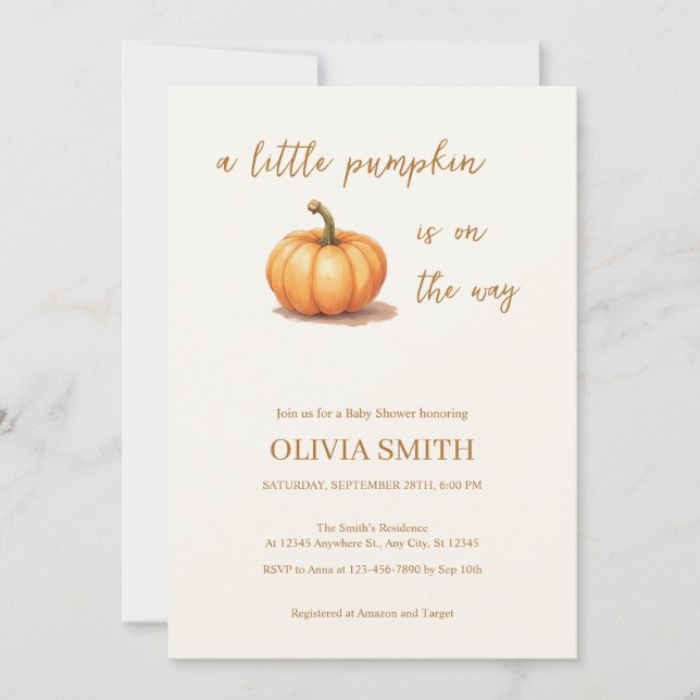 Invitation Un Petit Citrouille Arrive, Automne, Baby Shower (Devant)