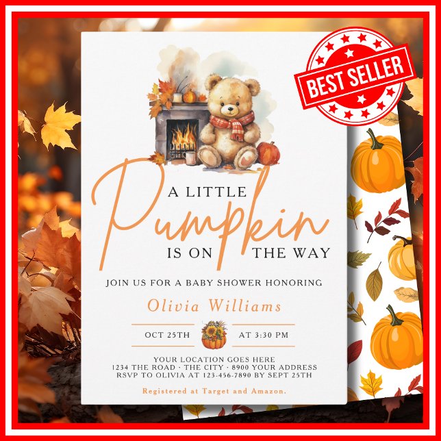 Invitation Un Petit Citrouille Automne Automne CUIR Baby show (A Little Pumpkin is on the Way Fall Autumn CUTE BEAR Baby Shower Invitation)