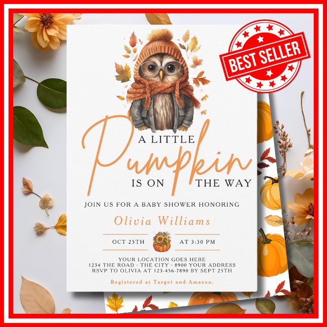 Invitation Un Petit Citrouille Automne CUTE OWL Baby shower (A Little Pumpkin is on the Way Fall Autumn CUTE OWL Baby Shower Invitation)