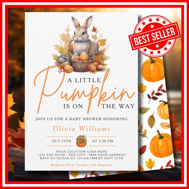 Invitation Un Petit Citrouille Automne RABBIT Baby shower (A Little Pumpkin is on the Way Fall Autumn CUTE BUNNY RABBIT Baby Shower Invitation)