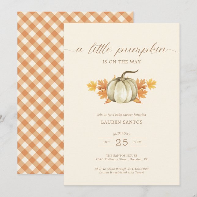 Invitation Un petit Citrouille - Baby shower d'automne d'auto (Devant / Derrière)