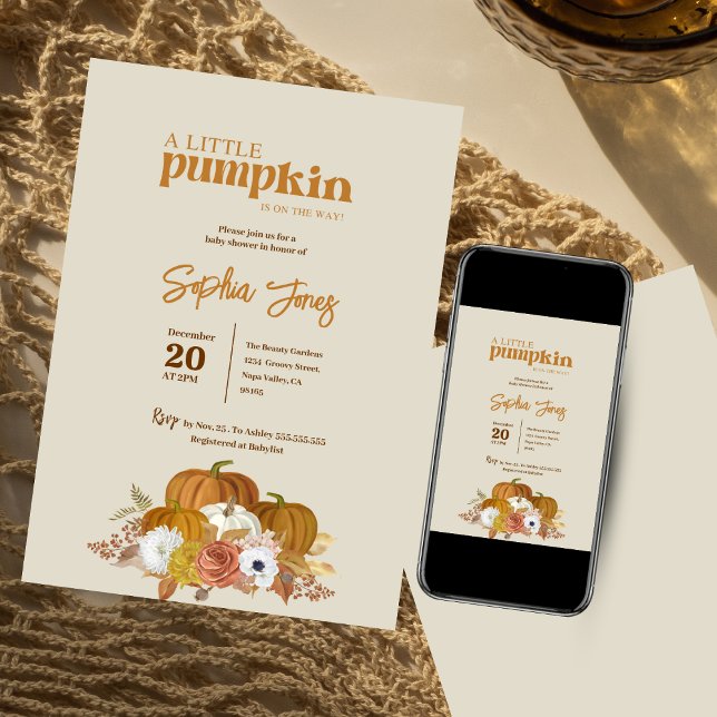 Invitation Un petit citrouille Boho Fall Baby shower floral (Créateur téléchargé)