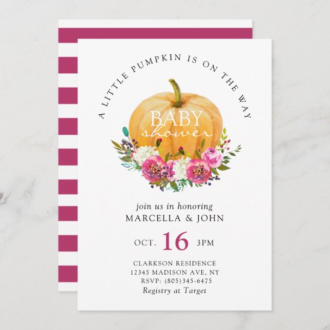 Invitation Un Petit Citrouille est en route Baby shower (Devant / Derrière)
