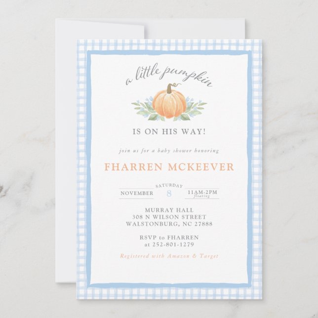 Invitation Un petit Citrouille est sur le chemin Baby shower  (Devant)