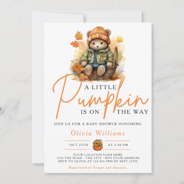 Invitation Un petit Citrouille est sur le chemin Baby shower  (Devant)