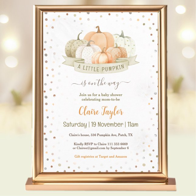 Invitation Un petit Citrouille genre neutre ou Baby shower ga (A Little Pumpkin Gender Neutral or Boy Baby Shower Invitation)