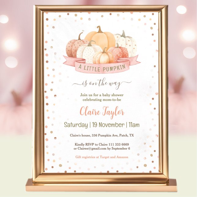 Invitation Un Petit Citrouille Se Trouve Sur Le Chemin Du Bab (A Little Pumpkin Is On The Way Girl Baby Shower Invitation)