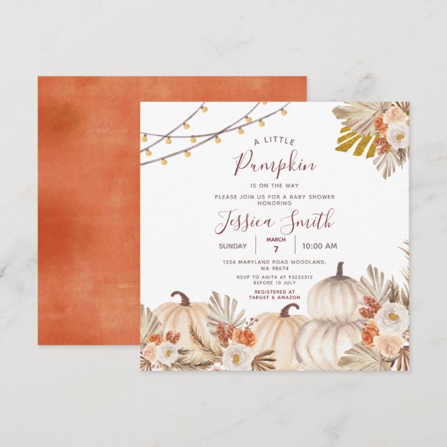 Invitation Un petit Citrouille tombe dans le Baby shower Amou (Devant / Derrière)