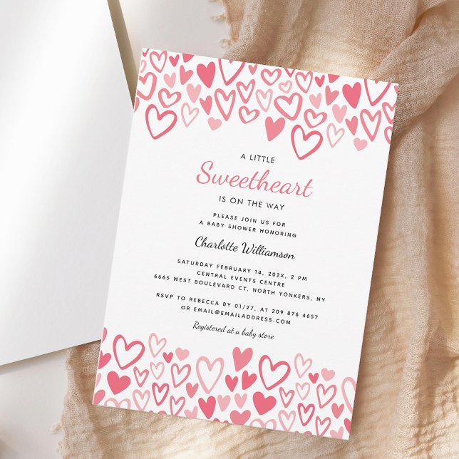 Invitation Un petit coeur amoureux Baby shower fille (Little Sweetheart Pink Hearts Valentines Script Girl Baby Shower Invitation)