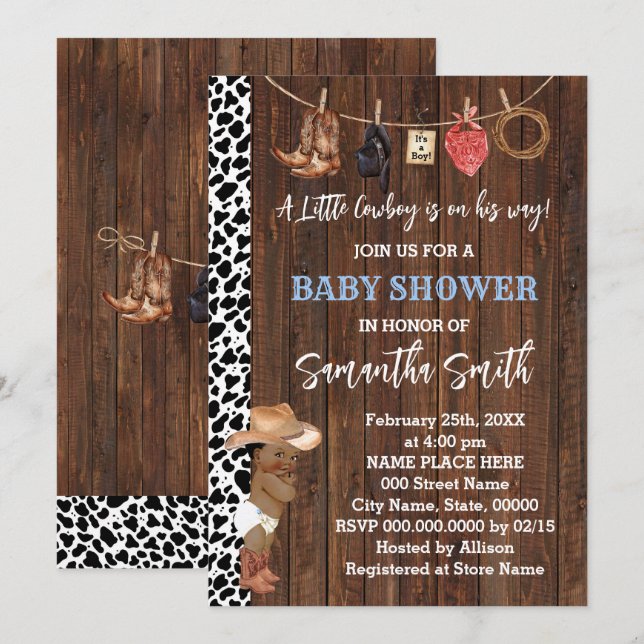 Invitation Un petit cowboy AA est son Way Western Baby shower (Devant / Derrière)