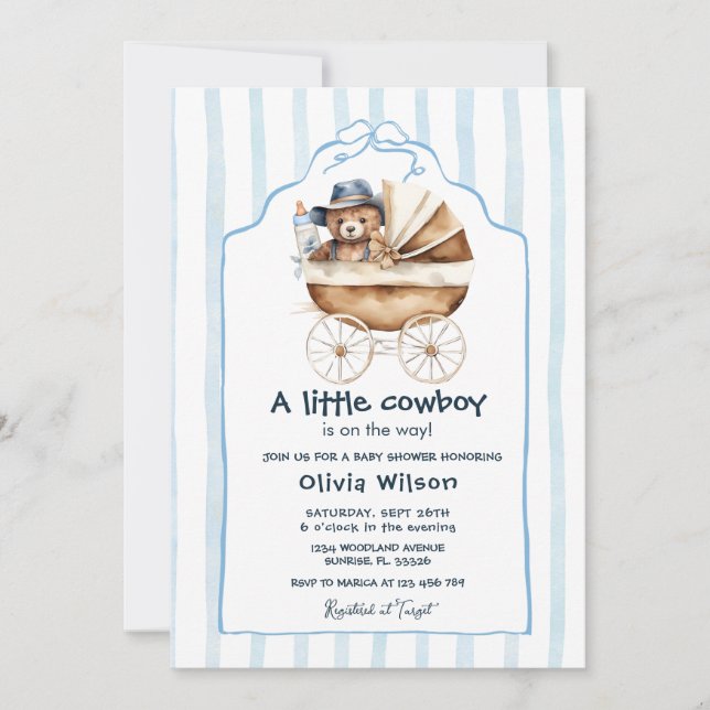 Invitation Un Petit Cowboy Avec Baby shower À Poussette (Devant)