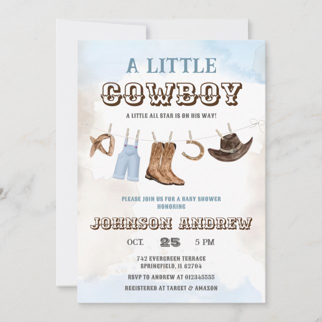 Invitation Un petit cowboy est sur le Baby shower Way (Devant)