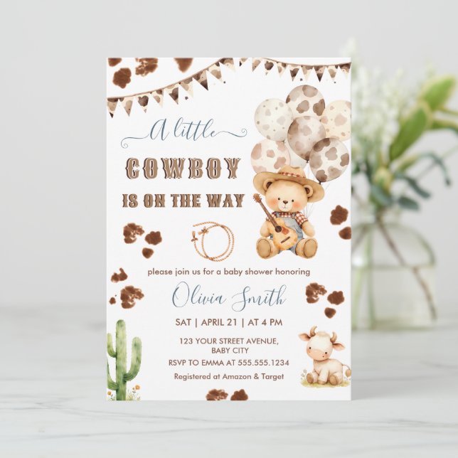Invitation Un petit cowboy Western Teddy Bear Baby shower (Debout devant)