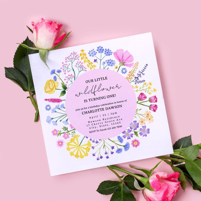Invitation Un Petit Fleur sauvage fête son premier anniversai (Dainty Rainbow Wildflowers First Birthday Invitation)