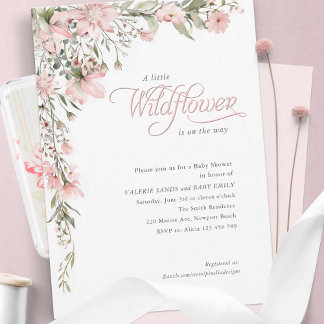 Invitation Un petit fleur sauvage Rose Floral Baby Girl Douch