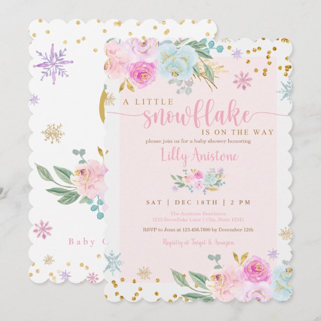 Invitation Un Petit Flocon De Neige Hiver Bébé Fille Douche (Devant / Derrière)