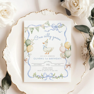 Invitation Un petit garçon bleu oie bête 1er anniversaire