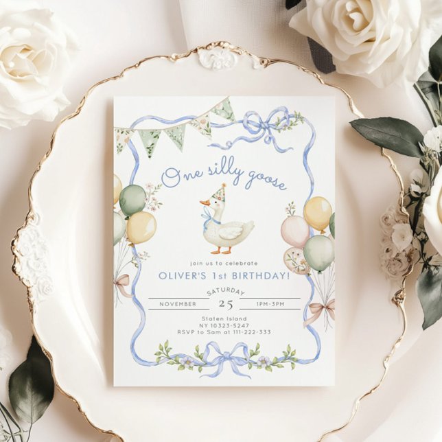Invitation Un petit garçon bleu oie bête 1er anniversaire (Créateur téléchargé)
