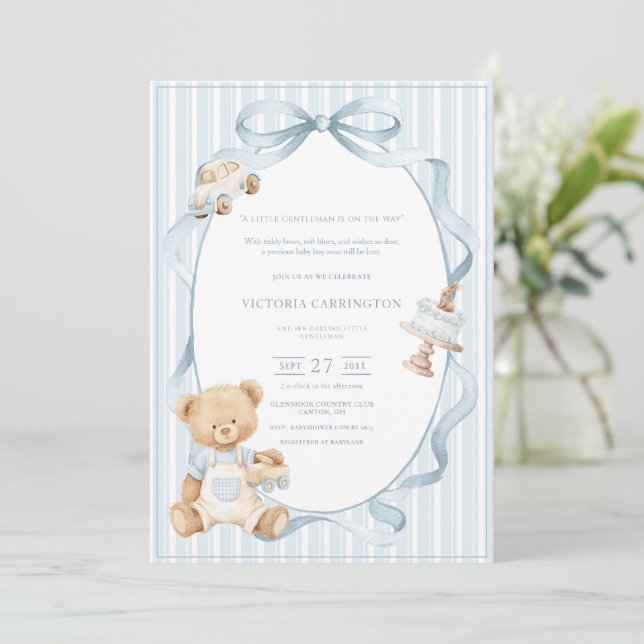 Invitation Un petit gentleman bleu Ourson rayé bébé  (Debout devant)