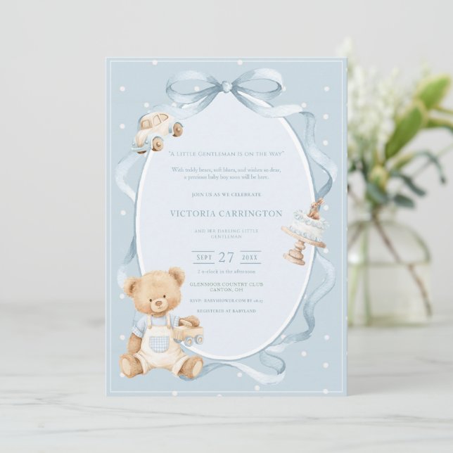 Invitation Un petit gentleman ours bleu bébé garçon  (Debout devant)