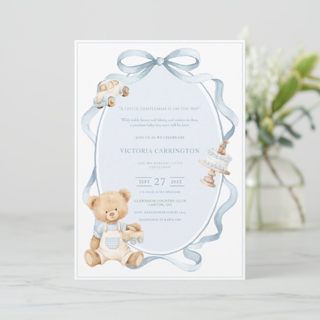 Invitation Un petit gentleman ours bleu bébé garçon  (Debout devant)