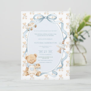 Invitation Un petit gentleman ours en bleu bébé garçon 