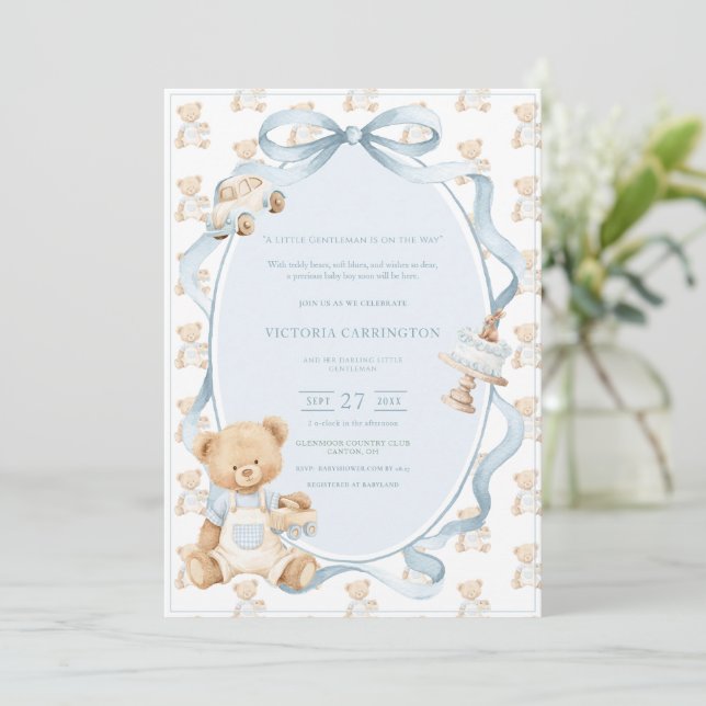 Invitation Un petit gentleman ours en bleu bébé garçon  (Debout devant)