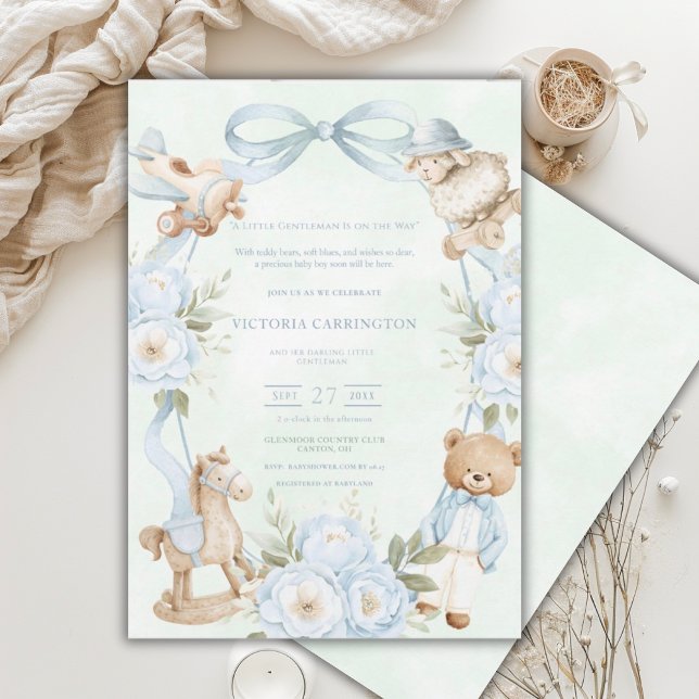 Invitation Un petit gentleman ourson bleu bébé  (Créateur téléchargé)