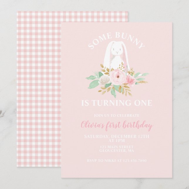 Invitation Un petit lapin a un an Fleurs Premier Anniversaire (Devant / Derrière)
