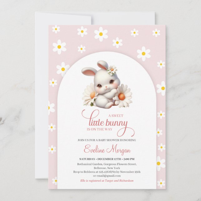 Invitation Un petit lapin doux avec marguerites bébé rose pri (Devant)