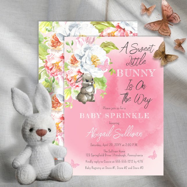 Invitation Un Petit Lapin Doux Est Sur Le Chemin Bébé Sprinkl ("A Sweet Little Bunny Is On The Way!" Pink Girl Baby Sprinkle Invitation)