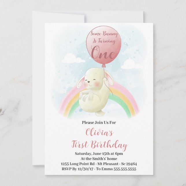 Invitation Un petit lapin fête son premier anniversaire (Devant)