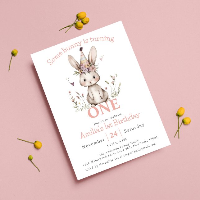 Invitation Un petit lapin fête son premier anniversaire avec  (Créateur téléchargé)