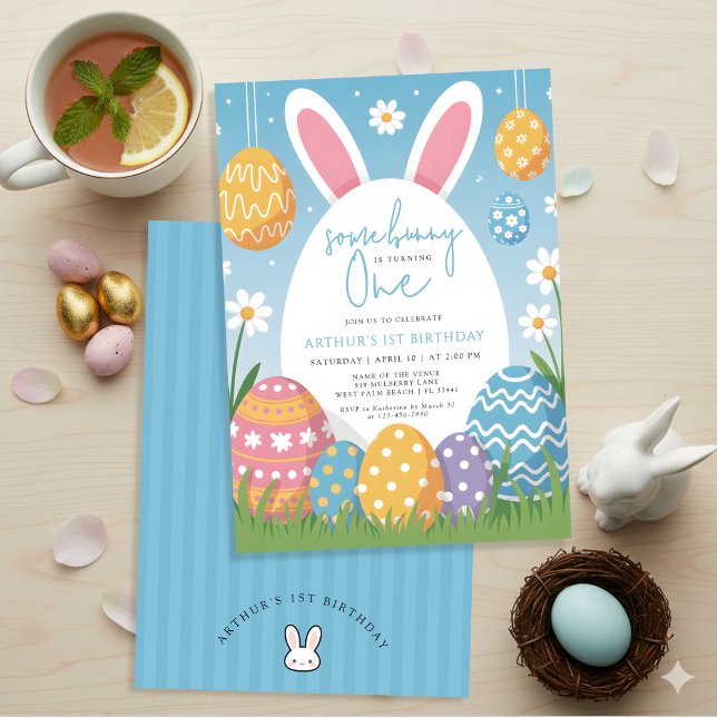 Invitation Un petit lapin fête son premier anniversaire de Pâ (Créateur téléchargé)