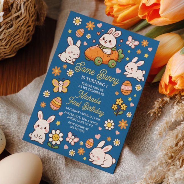 Invitation Un petit lapin fête son premier anniversaire de Pâ (Créateur téléchargé)