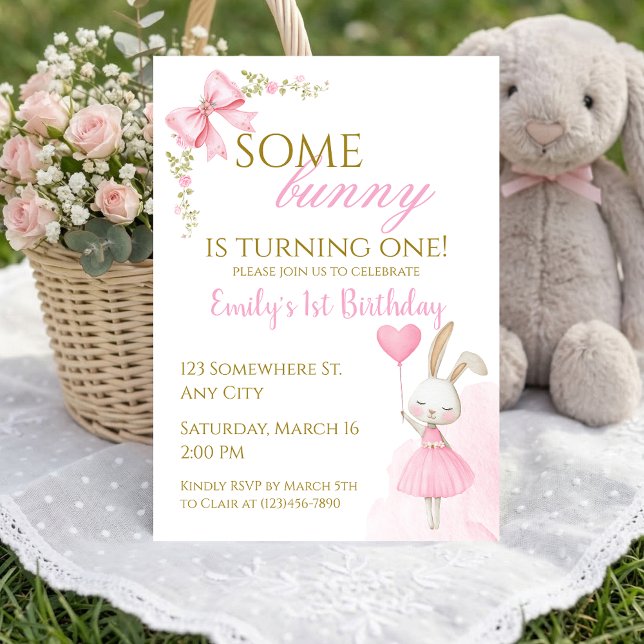 Invitation Un petit lapin fête son premier anniversaire, Fill (Some Bunny is Turning One 1st Birthday Invitation. Floral pink bunny theme, easy to edit.)