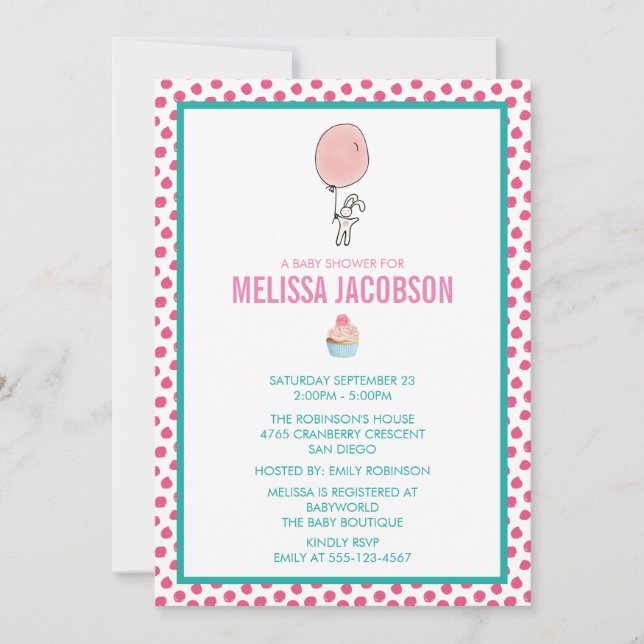 Invitation Un petit lapin tenant un baby shower de ballon (Devant)