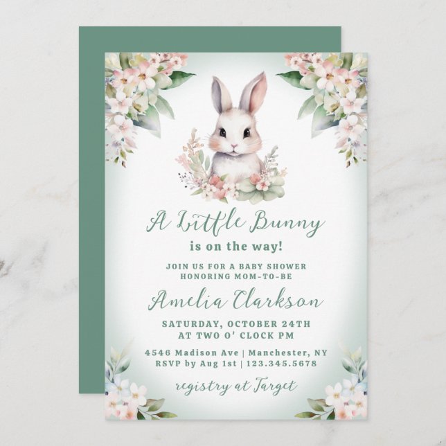 Invitation Un Petit Lapin Vert Doux & Baby shower Floral (Devant / Derrière)