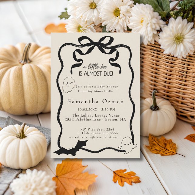 Invitation Un petit livre est presque attendu baby shower de  (A Little boo is almost due Wavy Bow baby shower)