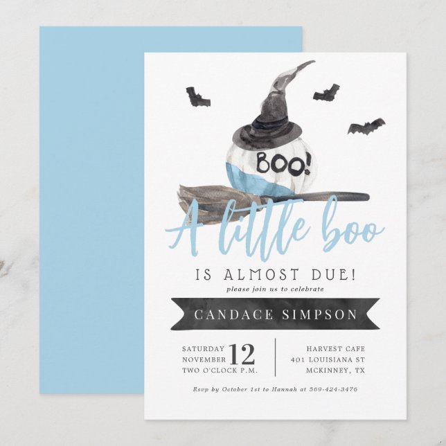 Invitation Un petit livre est presque dû Baby shower d'Hallow (Devant / Derrière)