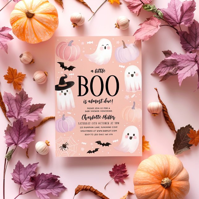 Invitation Un petit livre est presque dû Baby shower d'Hallow (A Little Boo is almost due! Halloween Themed Baby Shower in orange, purple and pink. )