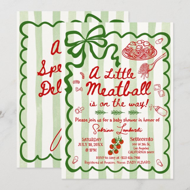 Invitation Un petit Meatball est en route Green Bow (Devant / Derrière)