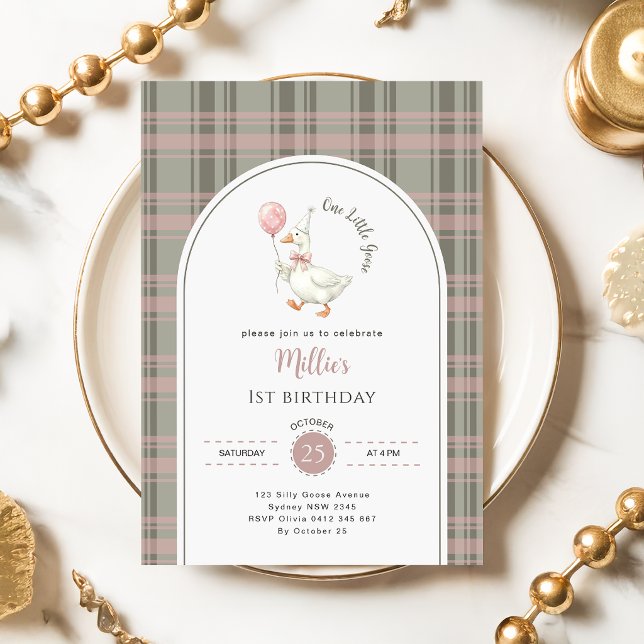 Invitation Un petit nœud rose gingham d'oie pour 1er annivers (Créateur téléchargé)