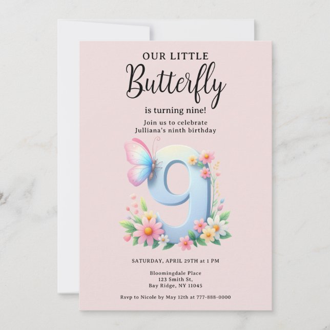 Invitation Un petit papillon 9e anniversaire mûre numéro Poli (Devant)