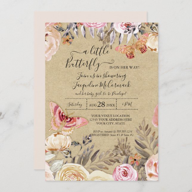 Invitation Un Petit Papillon Aquarelle Bleu Floral Baby (Devant / Derrière)