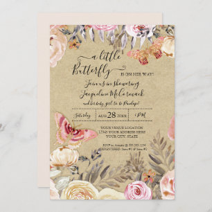 Invitation Un Petit Papillon Aquarelle Bleu Floral Baby
