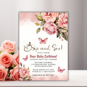 Invitation Un petit papillon Baby shower floral Sip et voir