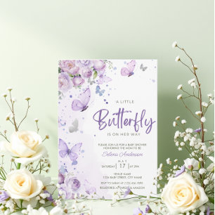 Invitation " Un Petit Papillon" Baby shower Floral violet