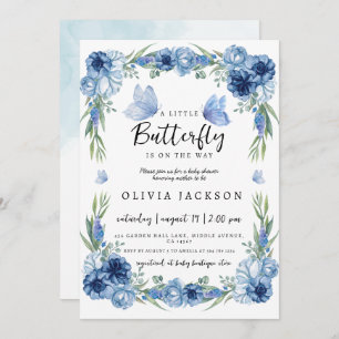 Invitation Un petit papillon bleu Baby shower floral rustique